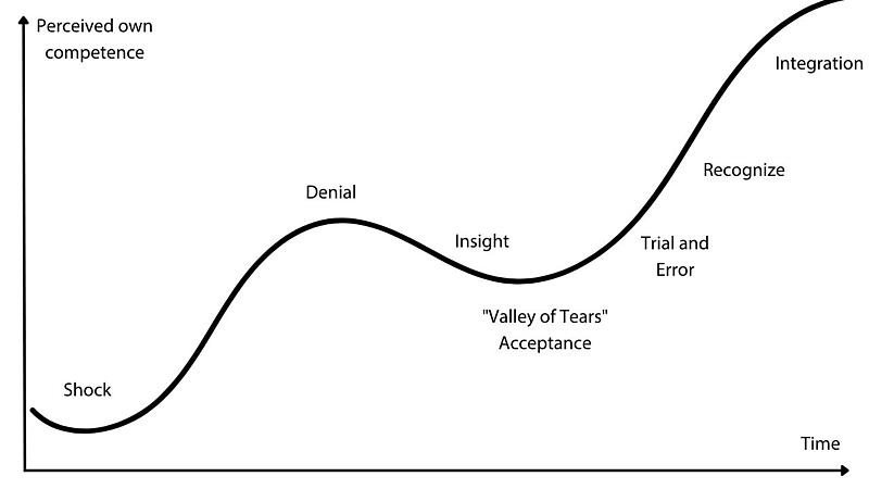 Curve diagram shows typical change management phases: Shock, rejection, valley of tears through to integration.