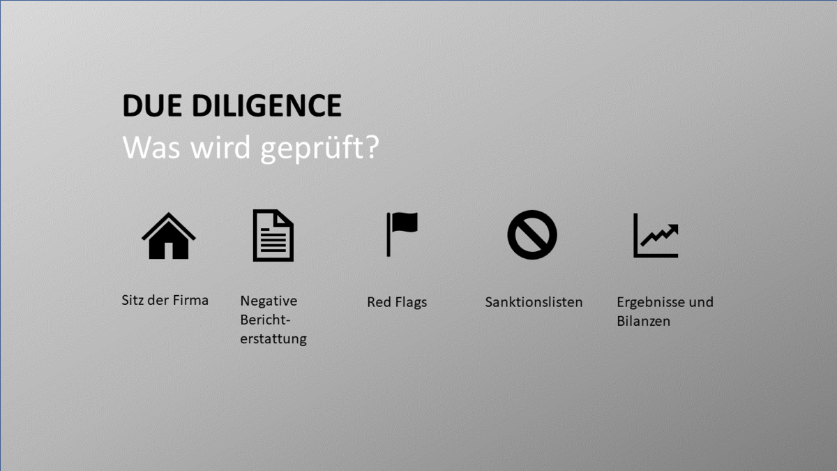 Due Diligence: Geprüft werden Firmensitz, Berichterstattung, Red Flags, Sanktionslisten sowie Ergebnisse und Bilanzen.
