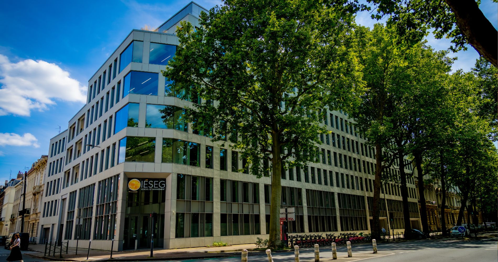IESEG School of Management Lille – Modernes Glasgebäude mit IESEG-Logo an der Fassade, flankiert von alten Platanen.