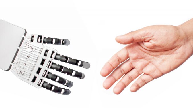 Robot and man handshake