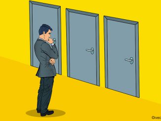 Man in comic style stands in front of three identical-looking doors on a yellow wall and ponders which one to choose. How will his intuition decide?