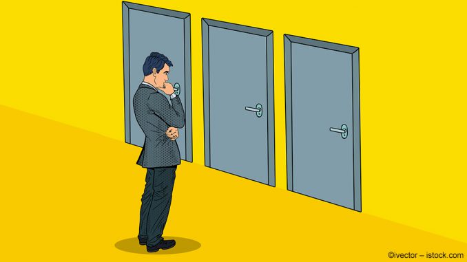 Man in comic style stands in front of three identical-looking doors on a yellow wall and ponders which one to choose. How will his intuition decide?
