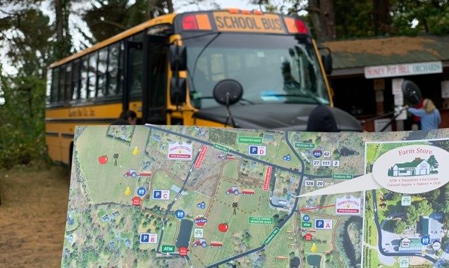 Old school bus and map for the apple picking tour