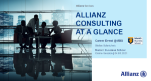 Welcome slide of the virtual guest lecture with Stefan Schnichels on Allianz (Inhouse) Consulting at Munich Business School