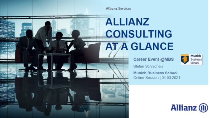 Welcome slide of the virtual guest lecture with Stefan Schnichels on Allianz (Inhouse) Consulting at Munich Business School
