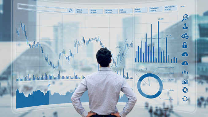 Finance Manager analyzes stock market indicators for best investment strategy, financial data and charts with business buildings in background