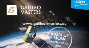 Picture of a satellite system with the competition information of the Galileo Masters University Challenge