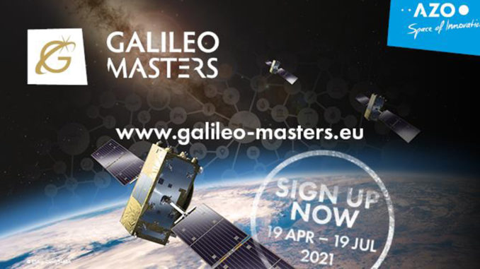 Picture of a satellite system with the competition information of the Galileo Masters University Challenge