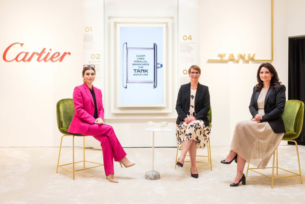 The hosts of the Cartier Tank exhibition Julia Riedmeier, Jasmin Breysacher and Carolin Behacker, 