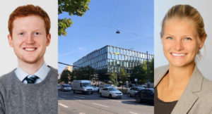 Collage of portrais of Caroline Baumann and Maximilian Felmayer, alumni of Munich Business School, and the EY office in Munich