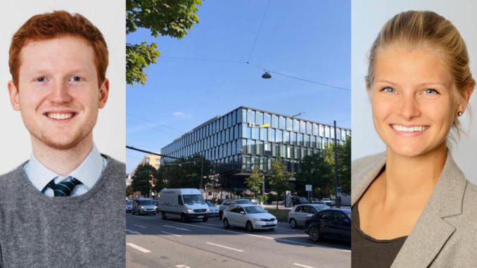 Collage of portrais of Caroline Baumann and Maximilian Felmayer, alumni of Munich Business School, and the EY office in Munich