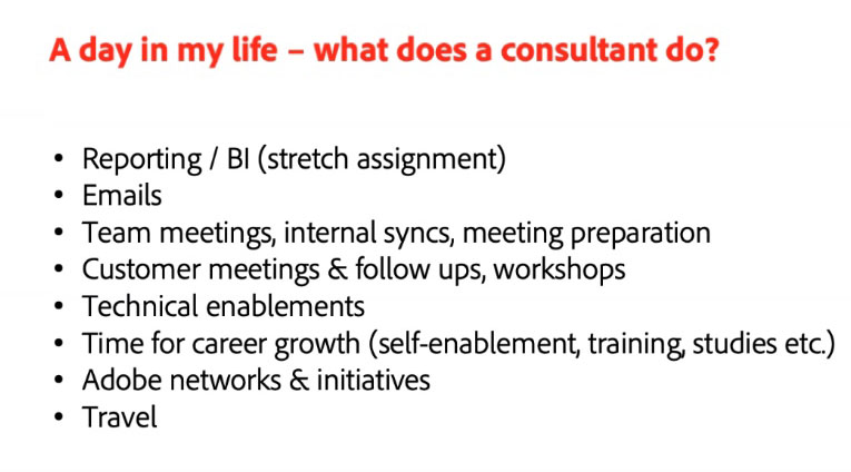 Slide "A day in my life" by Katrin Gillet (Adobe) during the Consulting Career Event at Munich Business School