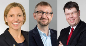 Portraits of Prof. Dr. Patricia Kraft, Prof. Dr. Florian Bartholomae and Prof. Dr. Arnd Albrecht, recipients of the Teaching, Research and Exploer Award 2021 of Munich Business School