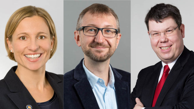 Portraits of Prof. Dr. Patricia Kraft, Prof. Dr. Florian Bartholomae and Prof. Dr. Arnd Albrecht, recipients of the Teaching, Research and Exploer Award 2021 of Munich Business School