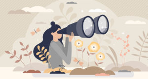 header image of Munich Business School's Impact@MBS landing page: clipart graphic of a woman with long black hair looking through oversized binoculars