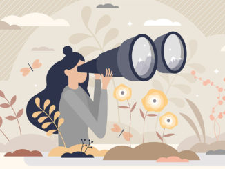 header image of Munich Business School's Impact@MBS landing page: clipart graphic of a woman with long black hair looking through oversized binoculars