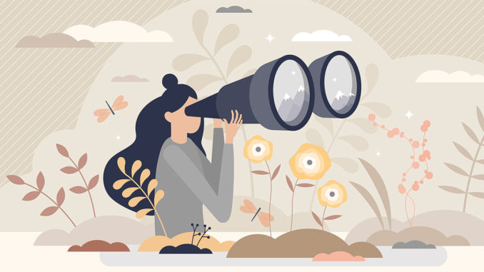 header image of Munich Business School's Impact@MBS landing page: clipart graphic of a woman with long black hair looking through oversized binoculars