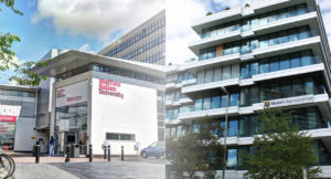 Collage of the Sheffield Hallam University and the Munich Business School campus