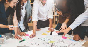 Group of people working on a project using mind mapping.