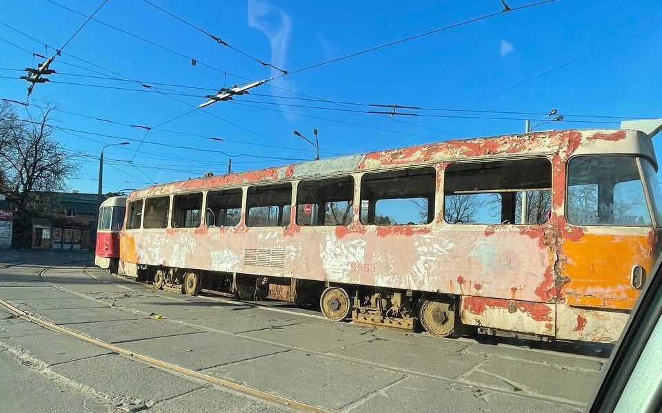A burnt tram in Kiyv