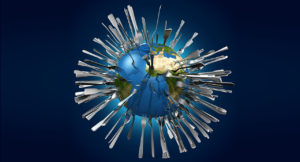 a 3D globe with cutlery pierced symbolizing population growth and food scarcity