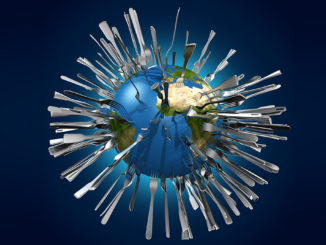 a 3D globe with cutlery pierced symbolizing population growth and food scarcity