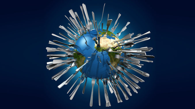 a 3D globe with cutlery pierced symbolizing population growth and food scarcity