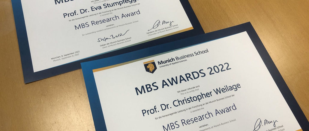 MBS Research Award Certificates of Prof. Dr. Evar Stumpfegger andDr. Christopher Weilage