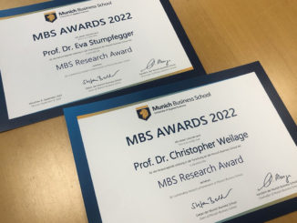 MBS Research Award Certificates of Prof. Dr. Evar Stumpfegger and Dr. Christopher Weilage, both Professors at Munich Business School