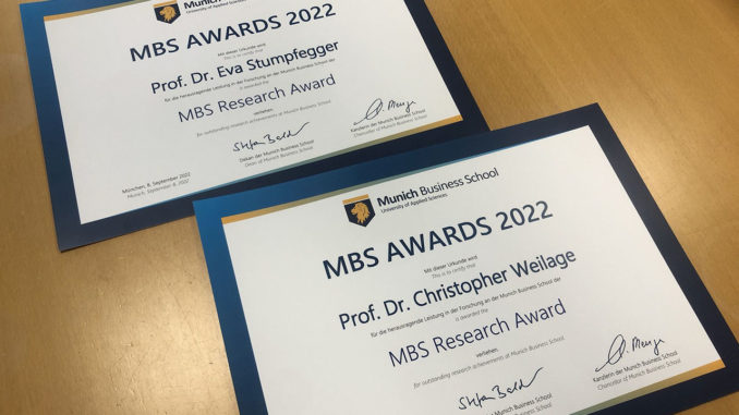 MBS Research Award Certificates of Prof. Dr. Evar Stumpfegger and Dr. Christopher Weilage, both Professors at Munich Business School