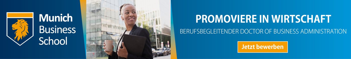 Banner "Promoviere in Wirtschaft", DBA-Programm an der Munich Business School