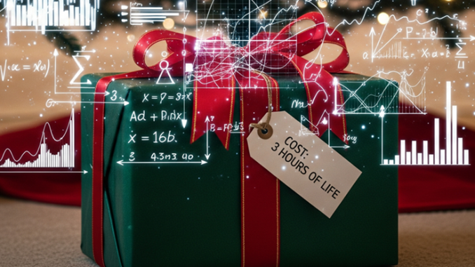 A gift with a tag indicating how long it took to make and an overlay of the economic cost calculation