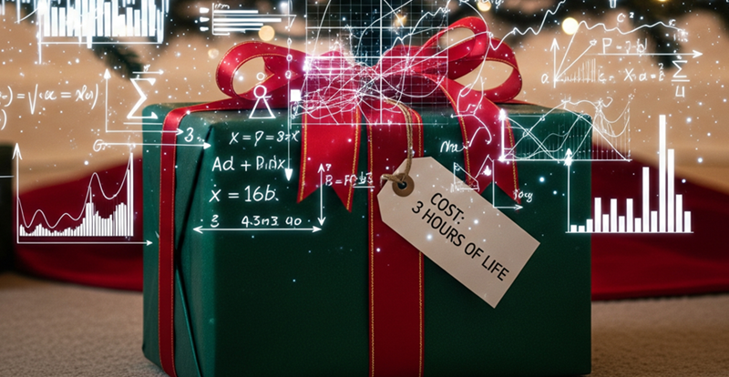 A gift with a tag indicating how long it took to make and an overlay of the economic cost calculation