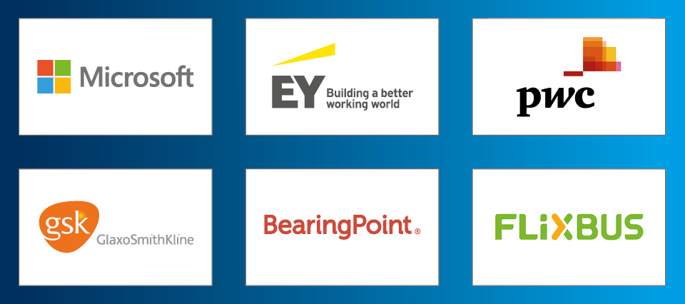 Logos von Microsoft, EY, PWC, gsk, BearingPoint und FlixBus